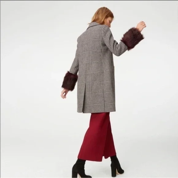 Club Monaco Wool Plaid Starella Coat Faux Fur Sleeve Trim M - Picture 3 of 12